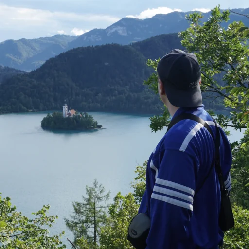 Me, back turned to the camera, looking towards Lake Bled in Slovenia Me, back turned to the camera, looking towards Lake Bled in Slovenia